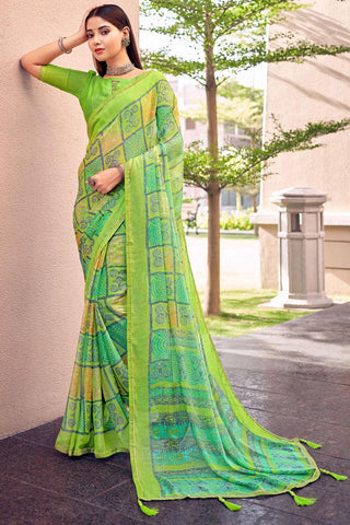 Alluring Printed Work Chiffon Casual Saree In Green Color.