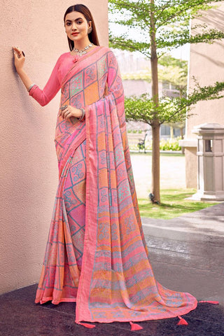 Casual Printed Work Tempting Chiffon Saree In Pink Color.
