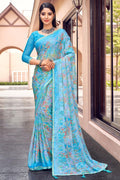 Lovely Printed Work Chiffon Casual Saree In Cyan Color.