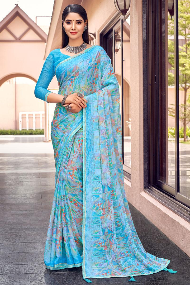 Lovely Printed Work Chiffon Casual Saree In Cyan Color.