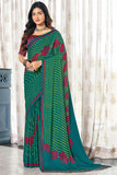 Attractive Dark Cyan Color Satin Printed Saree.