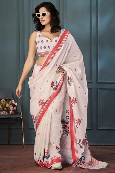 Clam Shell White Handloom Linen Saree - women's fashion mart