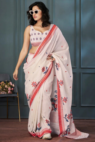 Clam Shell White Handloom Linen Saree - women's fashion mart