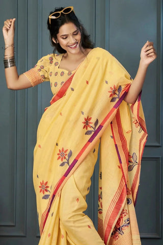 Sunset Pearl Yellow Handloom Linen Saree - women's fashion mart