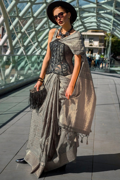 Gray Katan Silk Weaving Worked Designer Saree - women's fashion mart