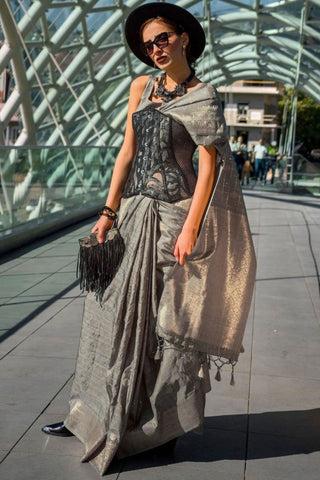 Gray Katan Silk Weaving Worked Saree -Saree Unstitched women's fashion mart