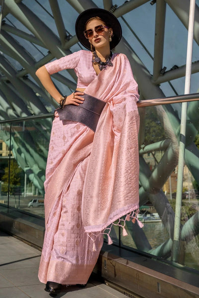 Light Rose Pink Katan Silk Weaving Worked Designer Saree - women's fashion mart