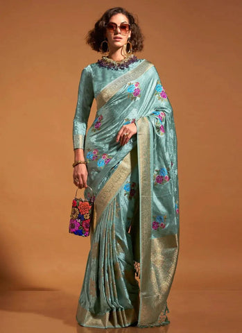 Aqua Blue Pure Satin Silk Floral Printed Weaving Worked Saree - women's fashion mart