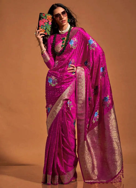 Magenta Pure Satin Silk Floral Printed Weaving Worked Saree - women's fashion mart