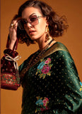 Dark Green Pure Satin Silk Floral Printed Weaving Worked Saree - women's fashion mart