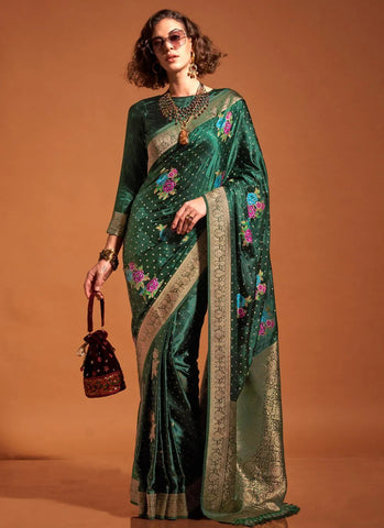 Dark Green Pure Satin Silk Floral Printed Weaving Worked Saree - women's fashion mart