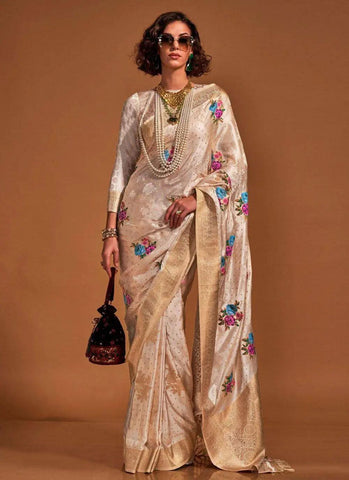 Beige Pure Satin Silk Floral Printed Weaving Worked Saree -Saree Unstitched women's fashion mart