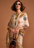 Beige Pure Satin Silk Floral Printed Weaving Worked Saree - women's fashion mart