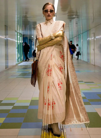 Beige Habutai Katan Silk Handloom Weaving Classic Saree - women's fashion mart