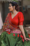 Foil Printed Designs On Mehendi Green Color Lehenga Choli In Dola Silk Fabric.