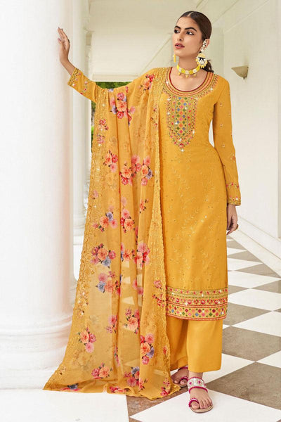Mustard Georgette Fabric Embroidered Palazzo Suit.