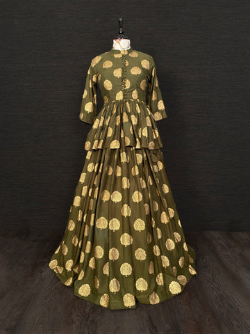 Mehendi Color Foil Printed Rayon Two Piece Lehenga Choli