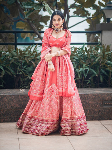 Red Color Gota Patti & Tassels Work Bandhani Printed Vaishali Silk Lehenga Choli With Dupatta