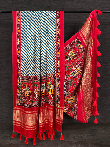 Red Color Digital Patola Printed Pure Gaji Silk Dupatta With Tassels