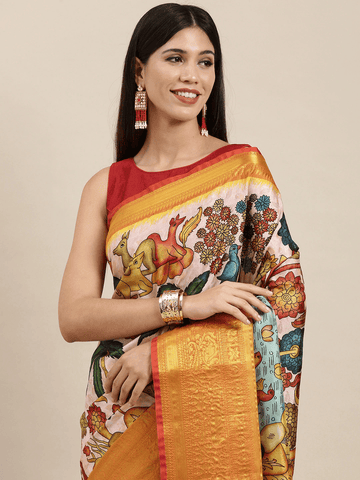 Designer Kalamkari Print Pattu Banarasi Silk Saree  women's fashion mart