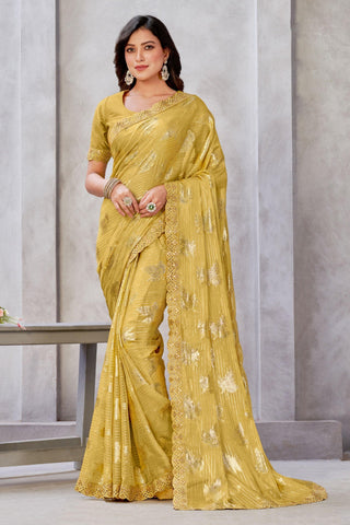 Mustard Color Exquisite Zari Jacquard Weaving Work Georgette Saree.