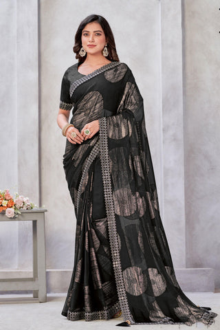 Zari Jacquard Weaving Work Attractive Georgette Saree In Black Color.