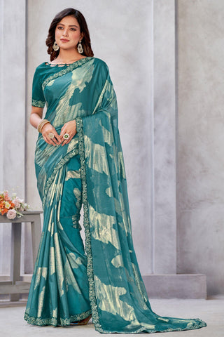 Alluring Sea Green Color Zari Jacquard Weaving Work Georgette Saree.
