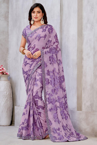 Purple Color Zari Jacquard Weaving Work Graceful Georgette Saree.
