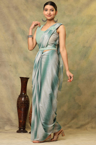 Soothing Ready to wear Fancy Fabric Saree With Sequins Work Blouse In Sea Green Color.