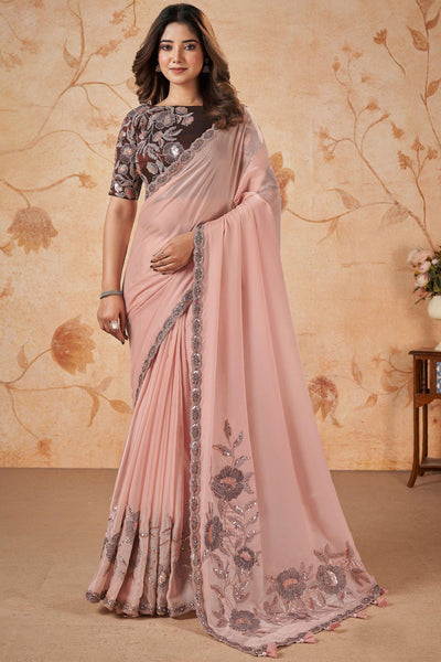 Attractive Peach Sequins Work Crepe Silk Fabric Wedding Wear Saree.
