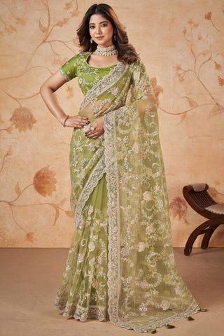 Adorable Sea Green Color Wedding Wear Net Fabric Sequins Work Design Saree.