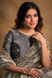 Attractive Party Style Grey Color Fancy Fabric Saree With Designer Blouse.