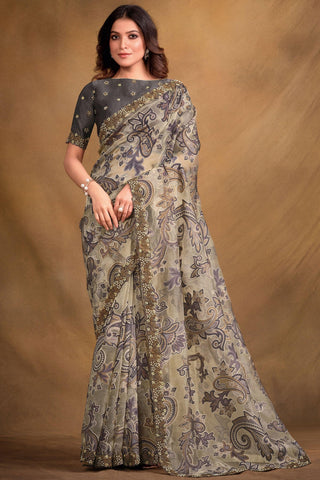 Attractive Party Style Grey Color Fancy Fabric Saree With Designer Blouse.