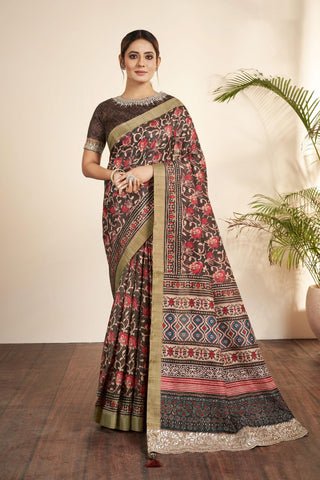 Bhagalpuri Silk Fabric Brown Color Patterned Saree With Printed Work.
