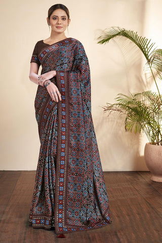 Brown Color Printed Work On Gajji Silk Fabric Stunning Saree.