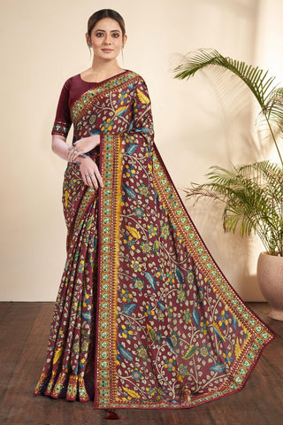 Beguiling Printed Work Brown Color Gajji Silk Fabric Saree.