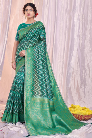 Tempting Tissue Fabric Sea Green Color Saree With Printed Work.