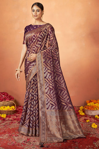 Weaving Work On Awesome Organza Fabric Saree In Maroon Color - women's fashion mart