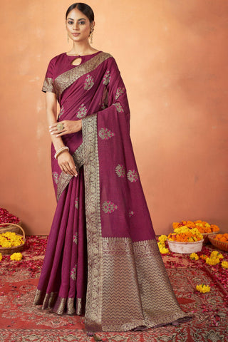 Weaving Work On Maroon Color Aristocratic Tusser Silk Fabric Saree - women's fashion mart
