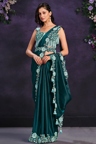 Teal Color Border Work On Satin Silk Fabric Beatific Ready To Wear Saree - women's fashion mart