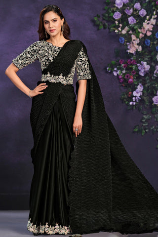Beguiling Border Work On Black Color Satin Silk Fabric Ready To Wear Saree - women's fashion mart