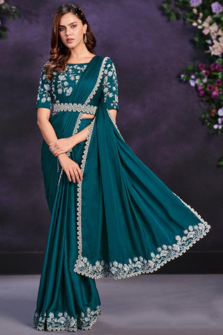Tempting Satin Silk Fabric Teal Color Ready To Wear Saree With Border Work - women's fashion mart