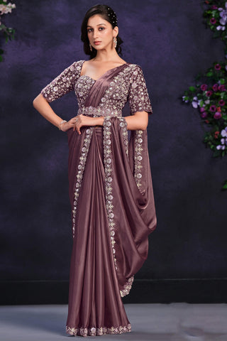 Classic Border Work On Brown Color Ready To Wear Saree In Satin Silk Fabric - women's fashion mart