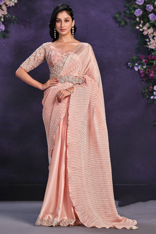 Amazing Peach Color Satin Silk Fabric Ready To Wear Saree With Border Work - women's fashion mart
