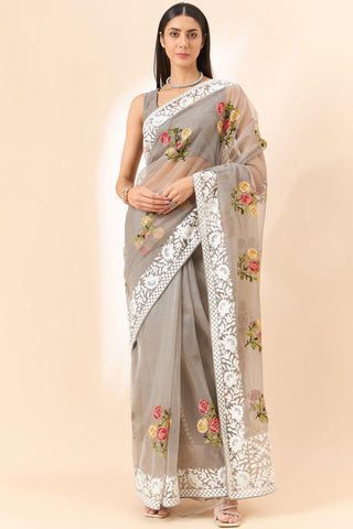 Trendy Organza Fabric Grey Color Saree With Embroidered Work.