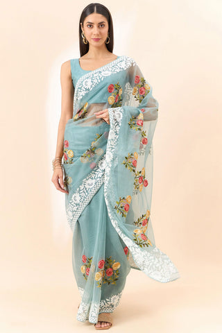 Attrective Organza Fabric Cyan Color Saree With Embroidered Work.