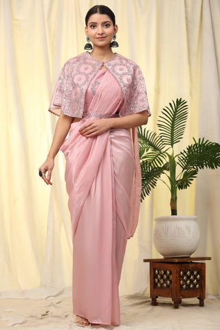 Peach Color Pleasant Crush Satin Pre Stitched Saree With Sequins Blouse - women's fashion mart