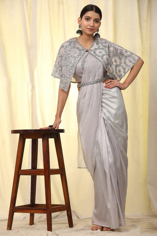 Grey Color Brilliant Crush Satin Pre Stitched Saree With Sequins Blouse - women's fashion mart