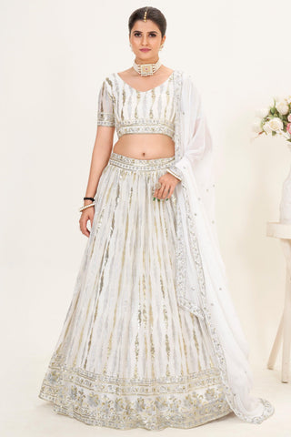 White Color Alluring Sequins Work Lehenga Choli In Georgette Fabric - women's fashion mart