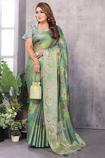 Jacquard Fabric Green Color Riveting Digital Printed Saree - women's fashion mart